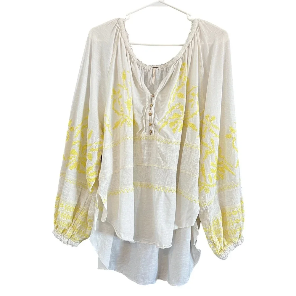 Free People Ivory Yellow Embroidered Peasant Blouse Oversized Cotton Top L